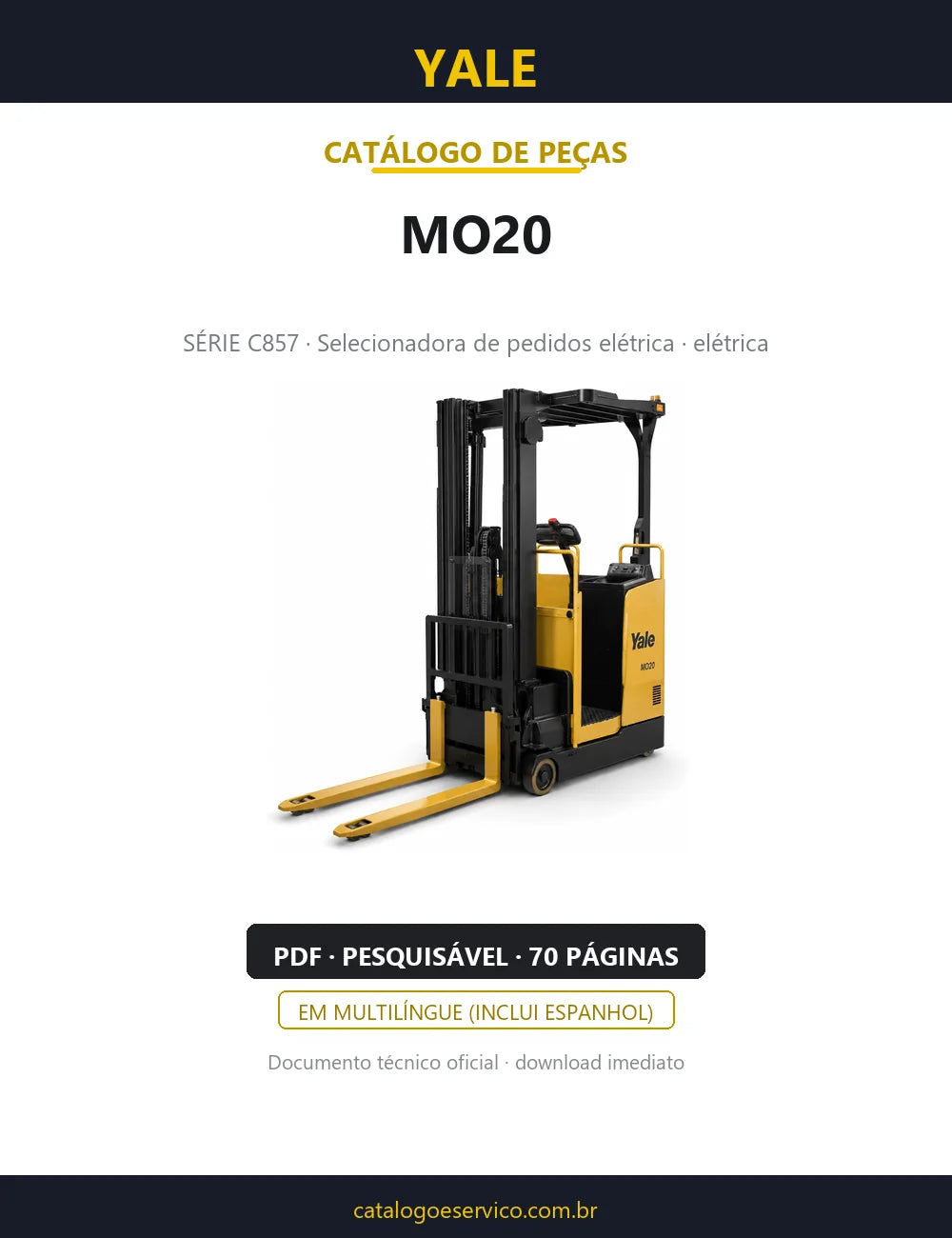 Capa do Catálogo de Peças Yale MO20 série C857 — selecionadora de pedidos elétrica, 70 páginas em PDF