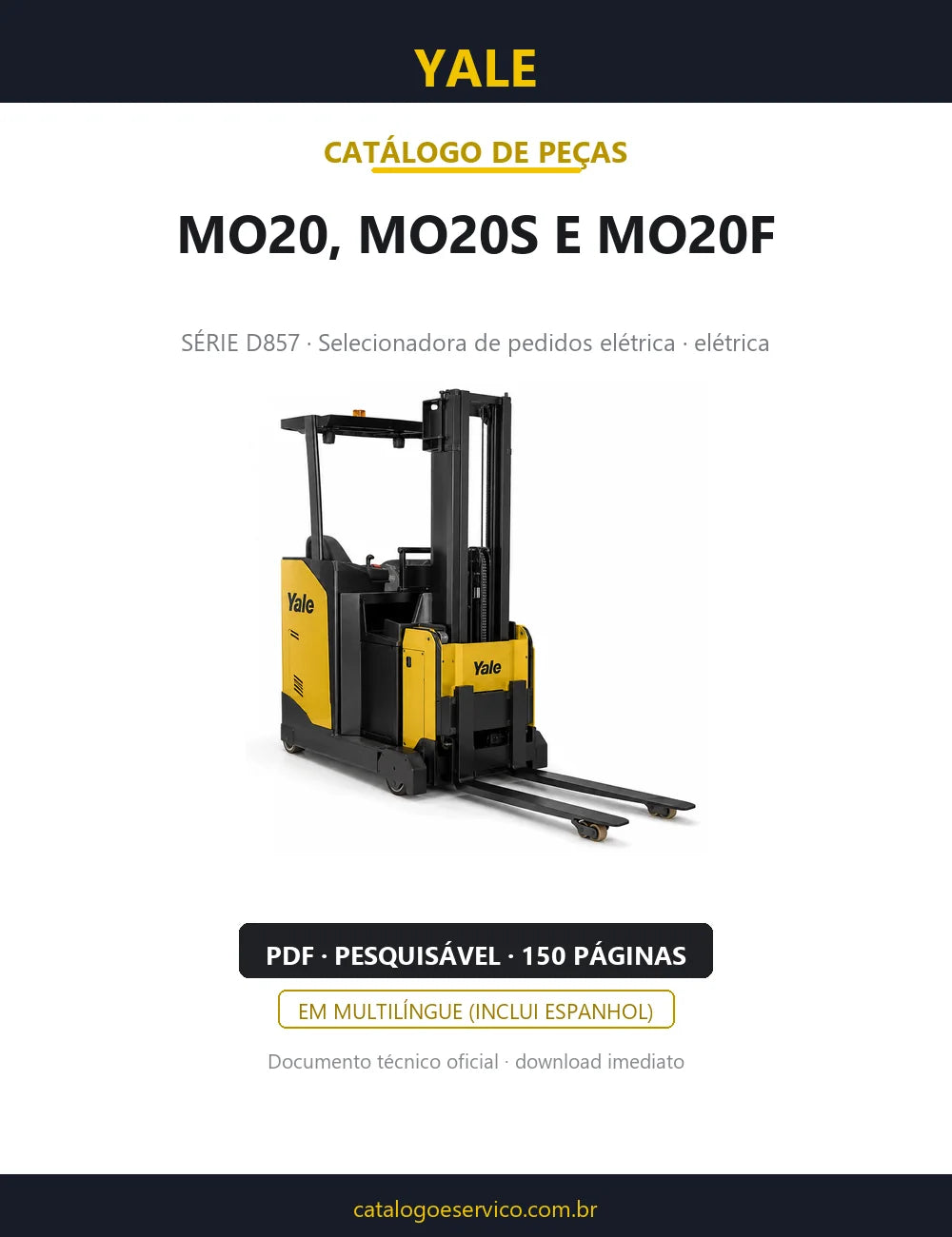 Capa do Catálogo de Peças Yale MO20, MO20S e MO20F série D857 — selecionadora de pedidos elétrica, 150 páginas em PDF
