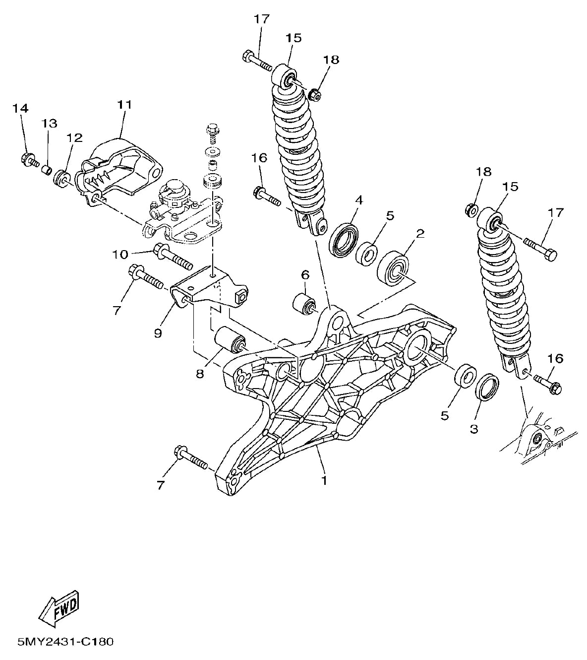 YAMAHA Neo AT115 — garfo traseiro e suspensão — Catálogo de Peças