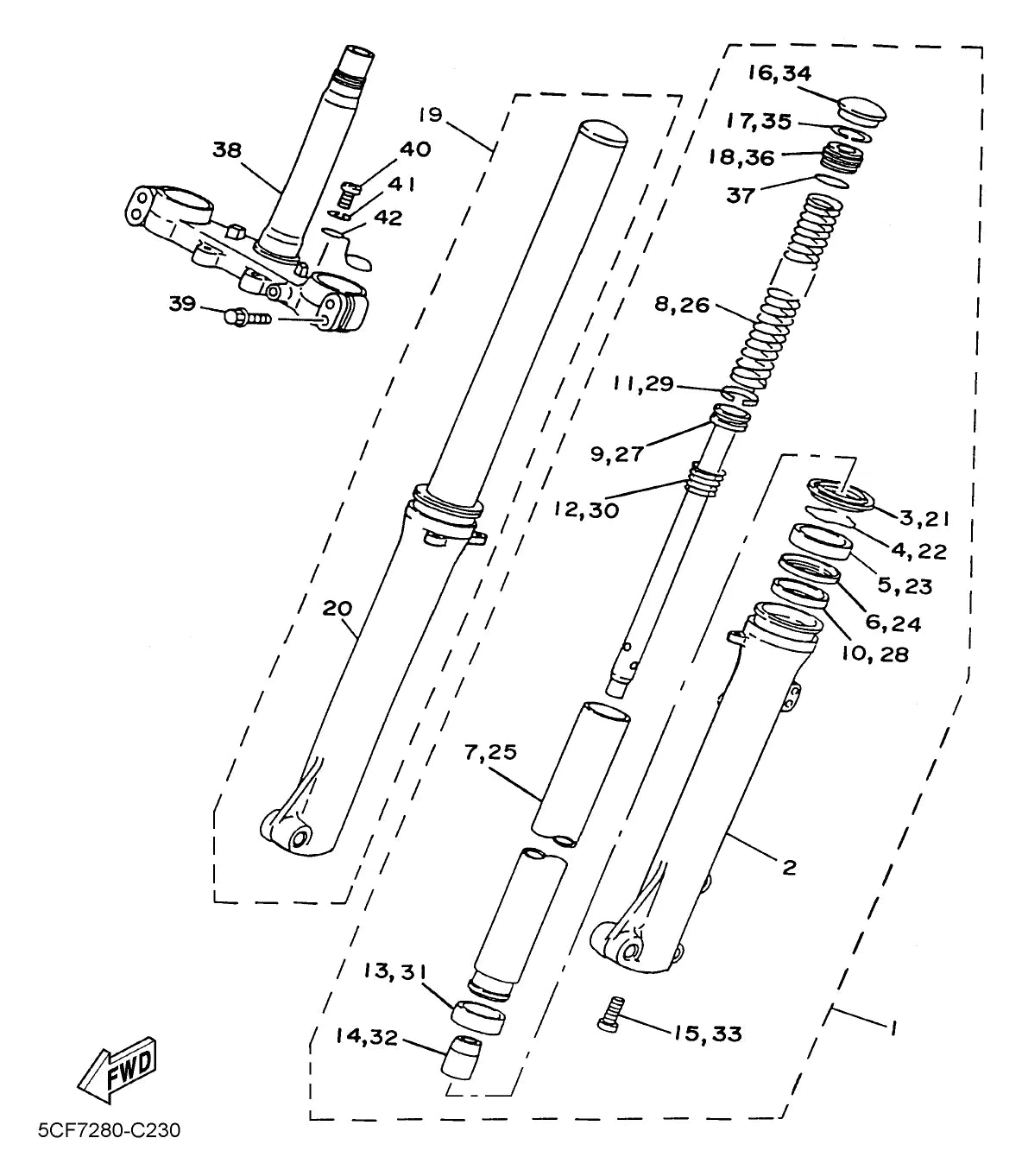 YAMAHA TDM 225 — garfo dianteiro e mesa — Catálogo de Peças