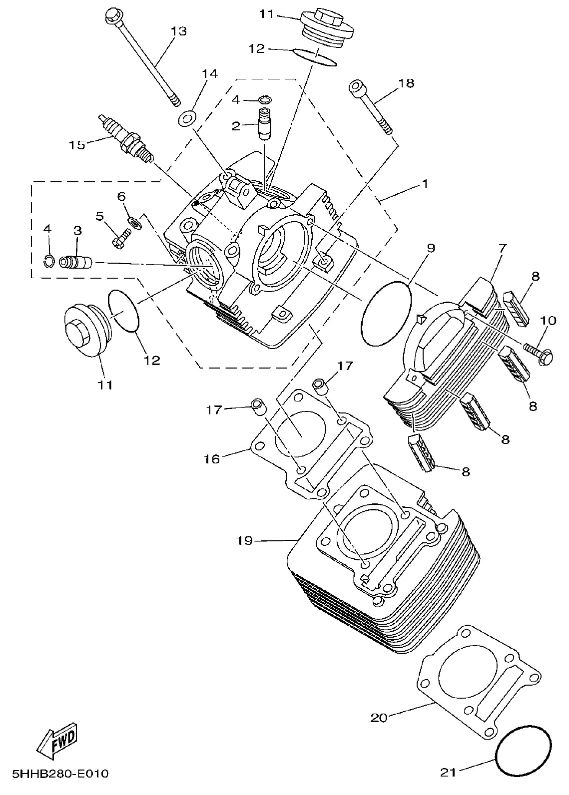 YAMAHA XTZ 125 — cabeçote e cilindro — Catálogo de Peças