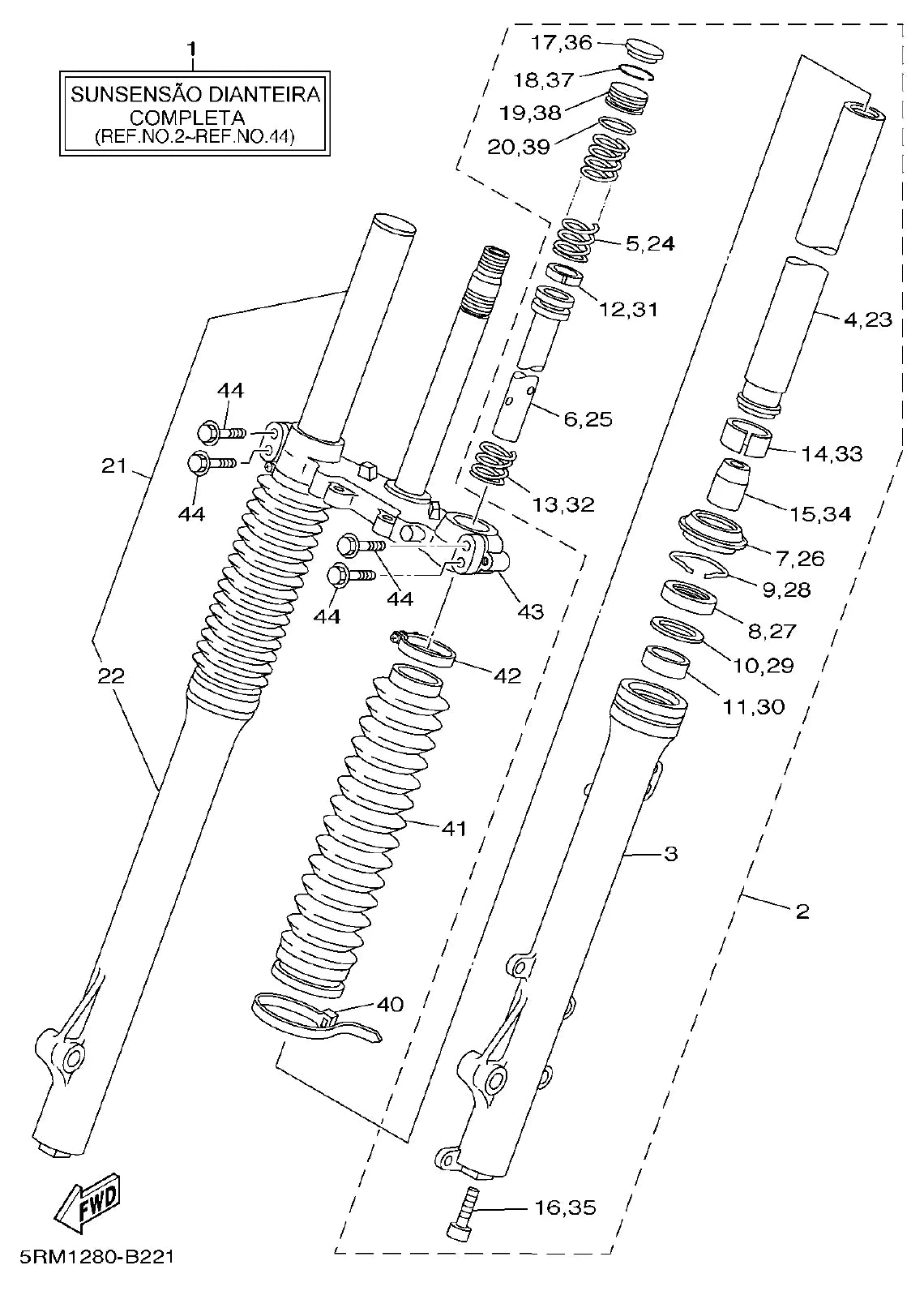 YAMAHA XTZ 125 — garfo dianteiro — Catálogo de Peças