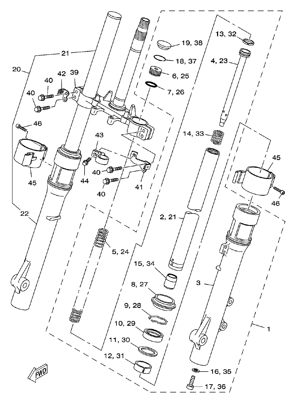 YAMAHA XTZ 250X Lander — garfo dianteiro e mesa — Catálogo de Peças