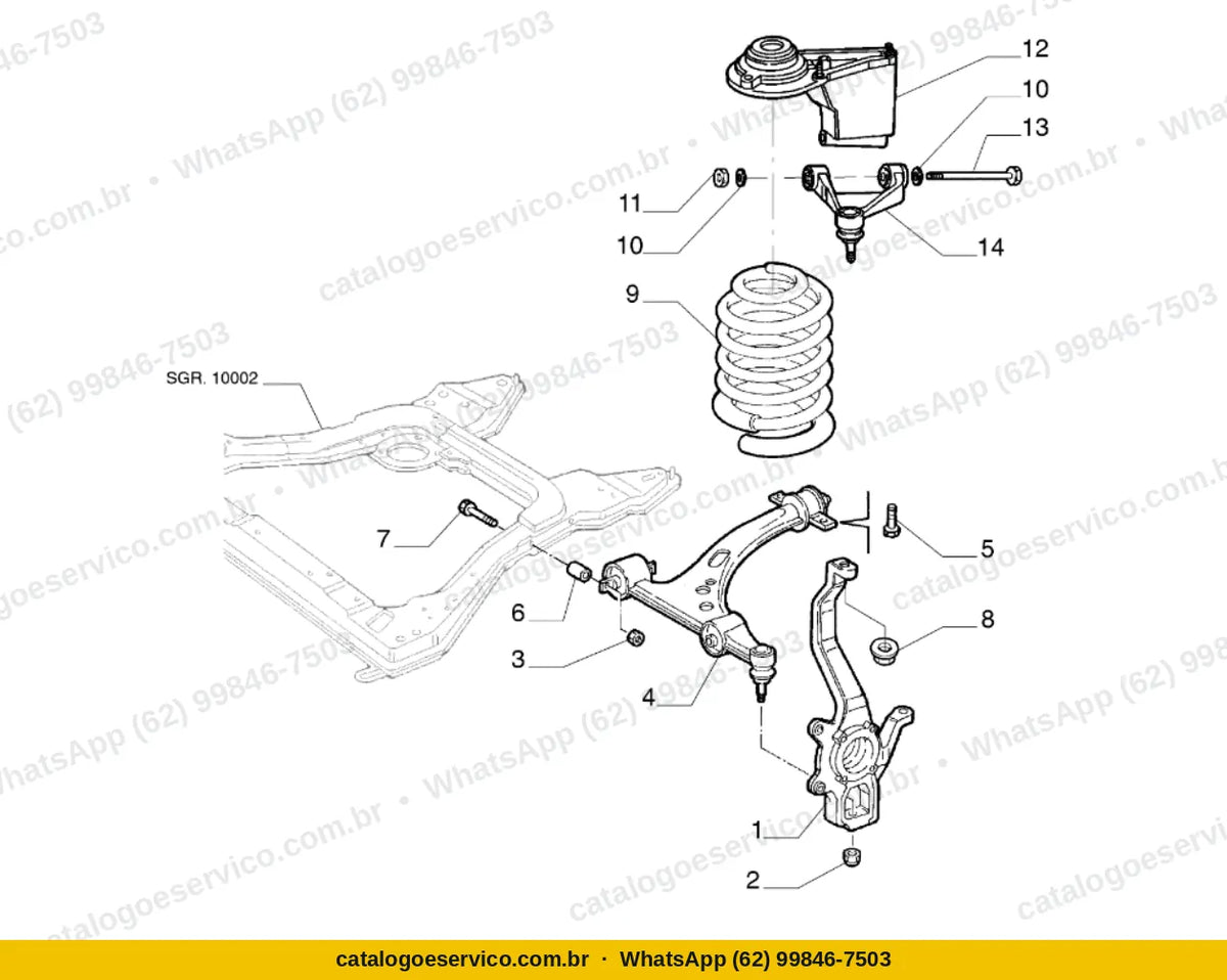 Vista explodida do Catálogo de Peças Alfa Romeo 166: Suspensão dianteira