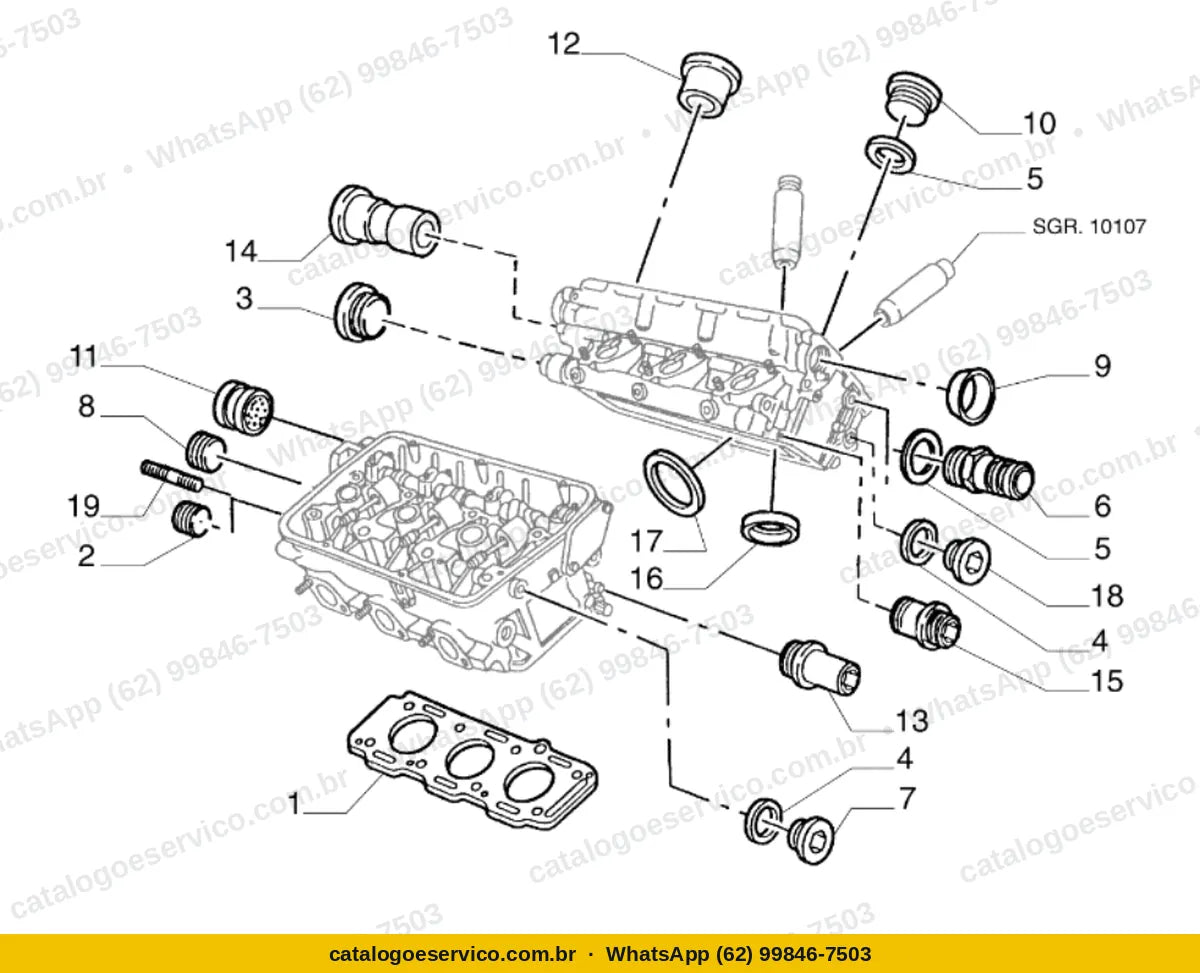 Vista explodida do Catálogo de Peças Alfa Romeo Spider V6: Bloco e cabeçote
