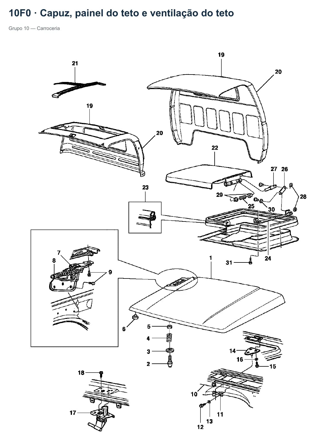 Catálogo de Peças Caminhões Chevrolet 11000 a 22000 1985-1996 — vista explodida: capuz, painel do teto e ventilação