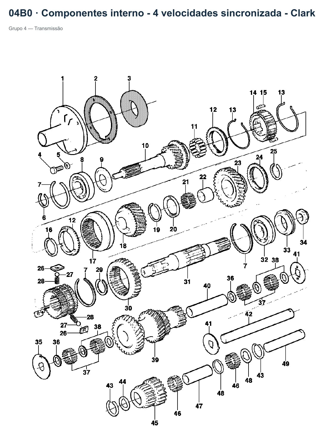 Catálogo de Peças Caminhões Chevrolet C-60, D-60, D-70 e D-80 1964-1984 — vista explodida: caixa de mudanças Clark 4 velocidades
