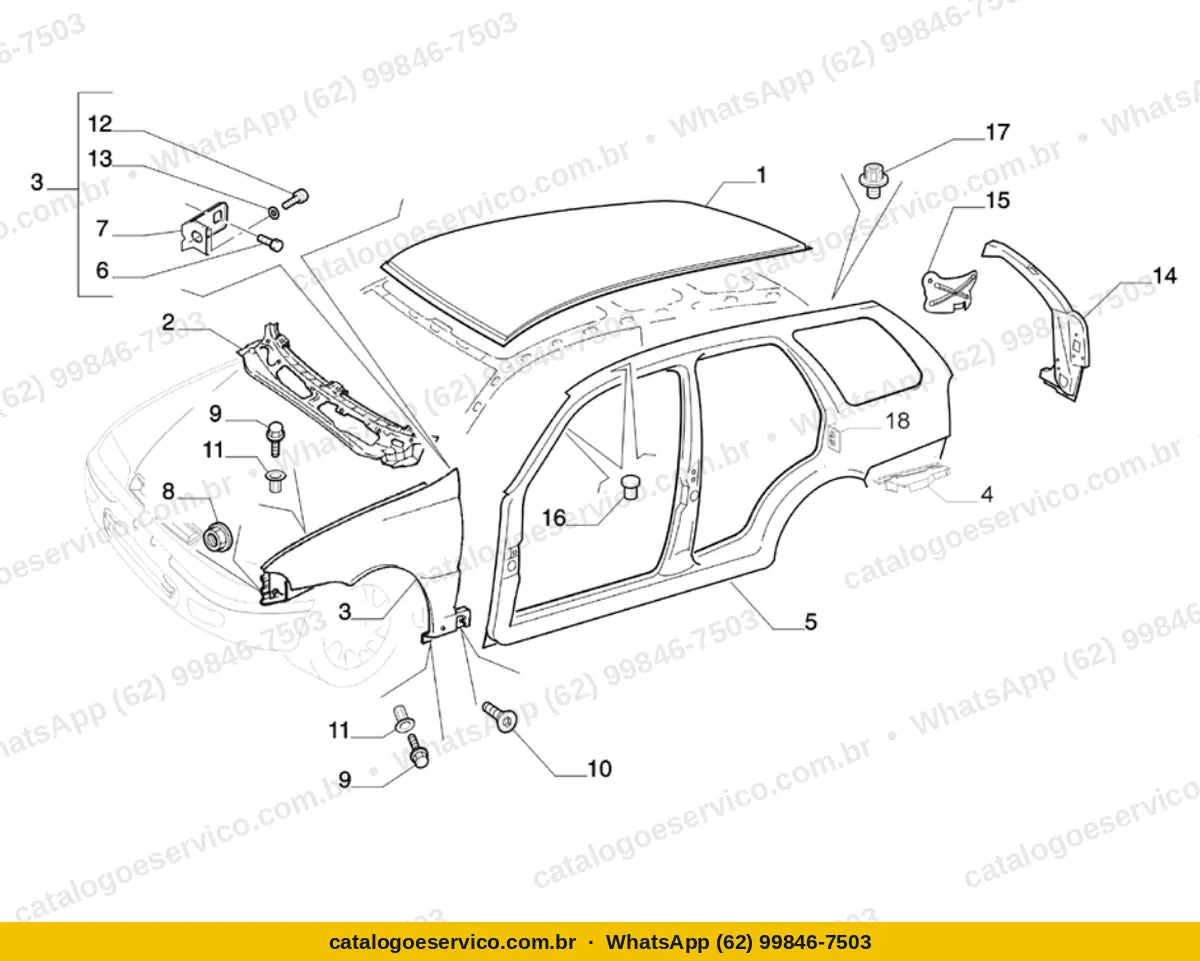 Vista explodida do Catálogo de Peças Fiat Palio Weekend: Estrutura externa