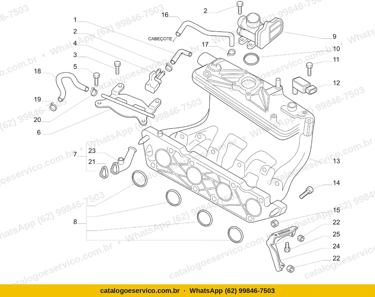 Vista explodida do Catálogo de Peças Fiat Stilo 1.8 Flex 8V: Coletores de admissão e escape
