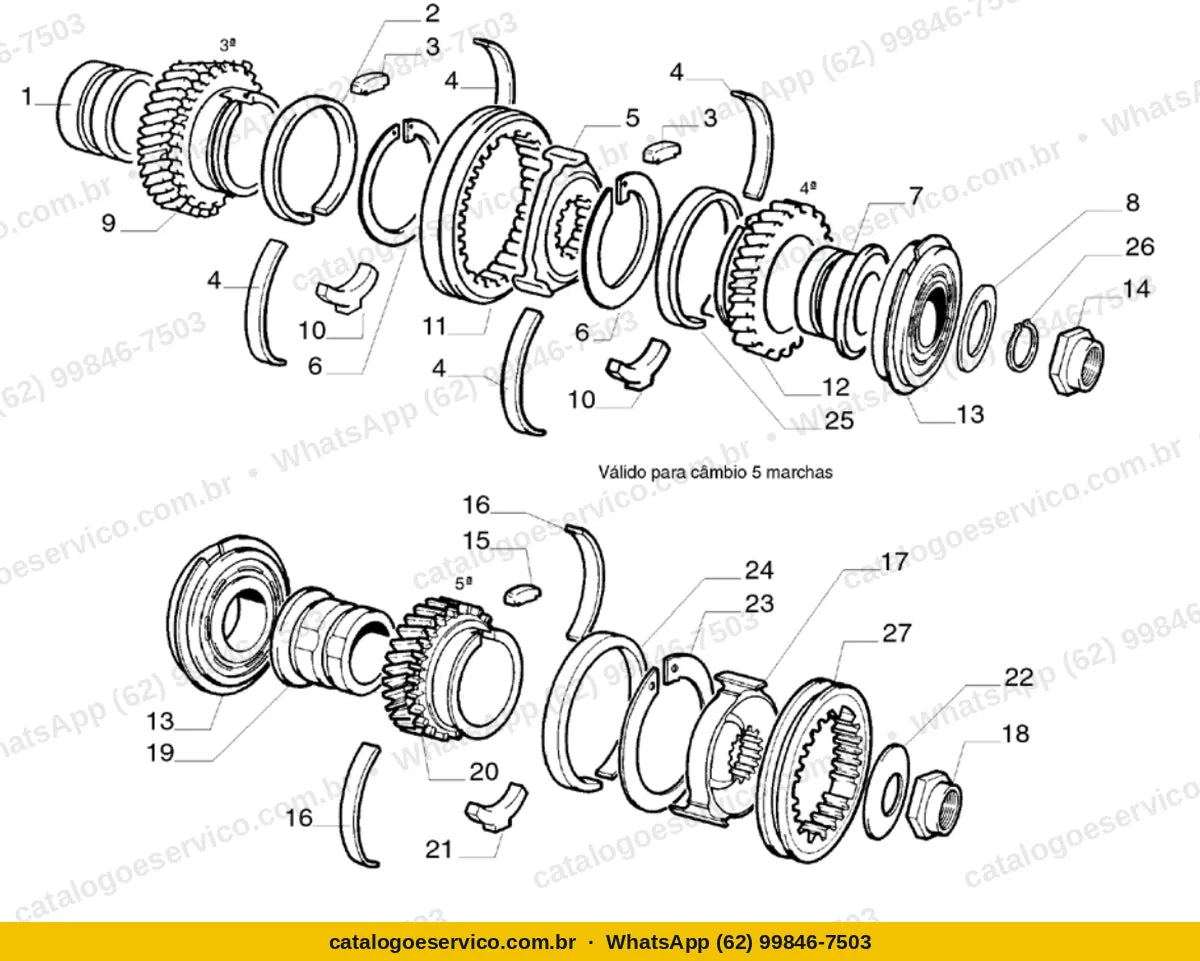 Vista explodida do Catálogo de Peças Fiat Uno 1.5R 8V: Árvores e engrenagens do câmbio