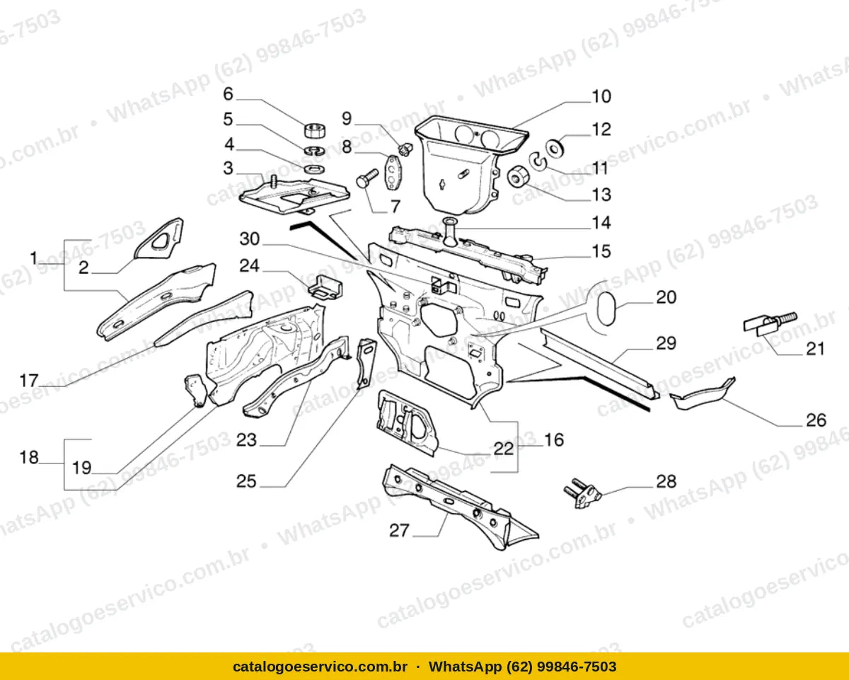 Vista explodida do Catálogo de Peças Fiat Uno 1.5R 8V: Estrutura interna dianteira