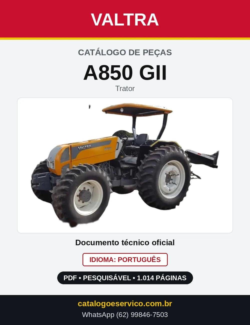 Capa do Catálogo de Peças Valtra A850 GII — Trator