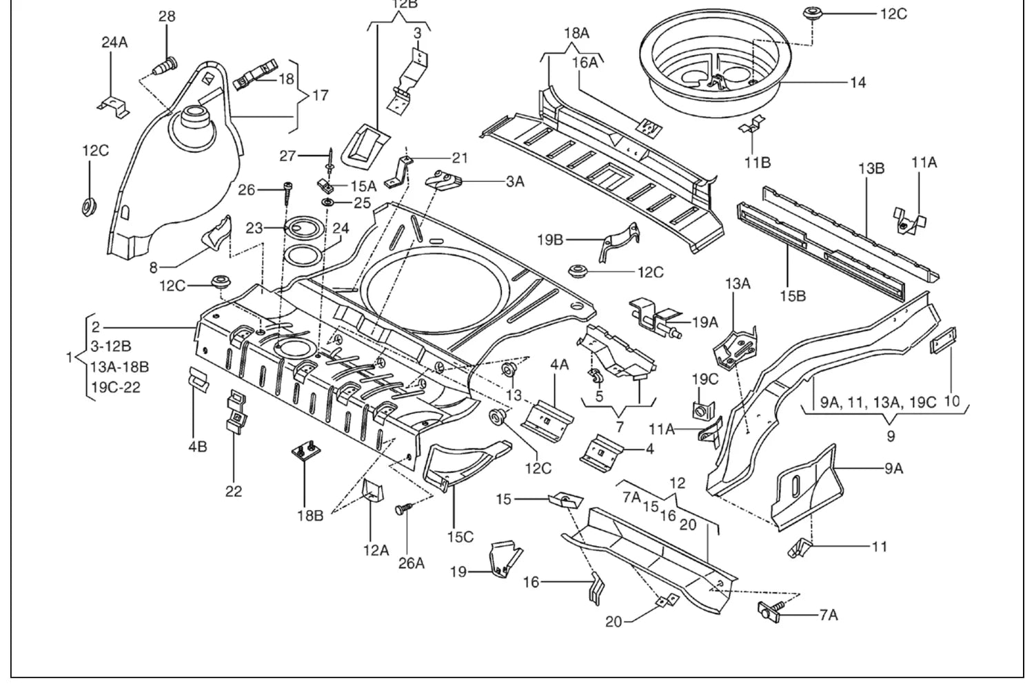 Catálogo de Peças Volkswagen Parati G2 Mi, CL, GL, GLS e GTI (1995-2001) — vista explodida 1 (pág. 610 do PDF)