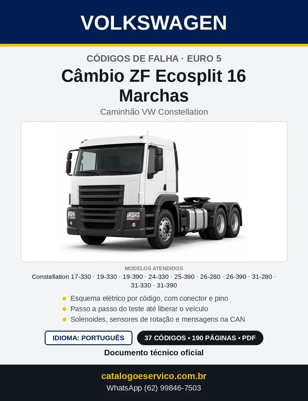 Capa — Códigos de Falha do Câmbio ZF Ecosplit 16 Marchas (TCU) VW Constellation com Esquemas Elétricos (17-330, 19-330, 19-390, 24-330, 25-390, 26-280, 26-390, 31-280, 31-330 e 31-390)