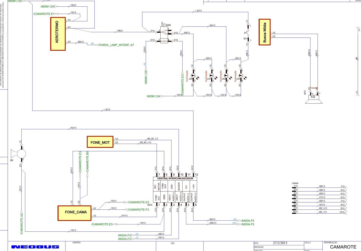 Diagrama Elétrico Mercedes-Benz New Road (encarroçado Neobus sobre chassi Mercedes-Benz) — Cada fio do Neobus - diagrama 1
