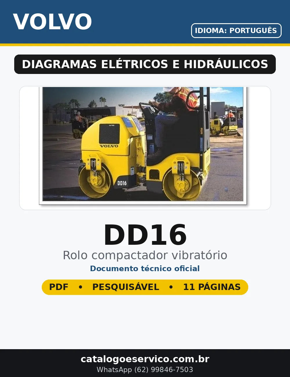 Diagramas Elétricos e Hidráulicos Volvo DD16 em PDF — capa do documento técnico (11 páginas, Português)