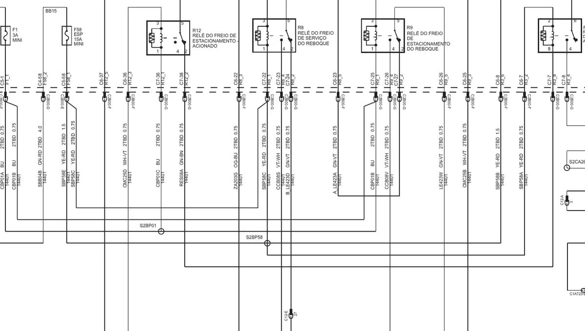 Detalhe do circuito do Ford Cargo 2042 com cor de fio, bitola e número de pino
