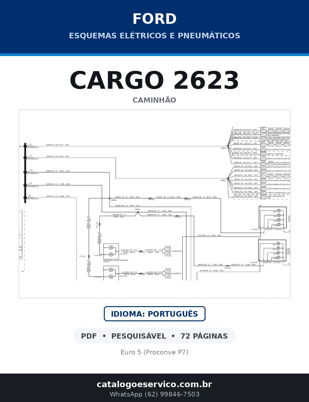 Capa do esquema elétrico do Ford Cargo 2623 em PDF com 72 páginas