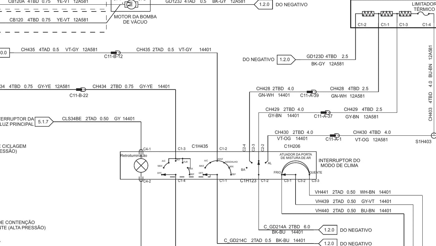 Detalhe do circuito do Ford F-350 com cor de fio, bitola e número de pino