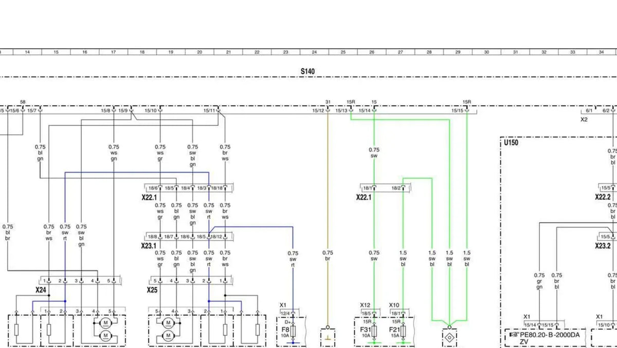 Detalhe do circuito do Mercedes-Benz Atego 1719 com cor de fio, bitola e número de pino