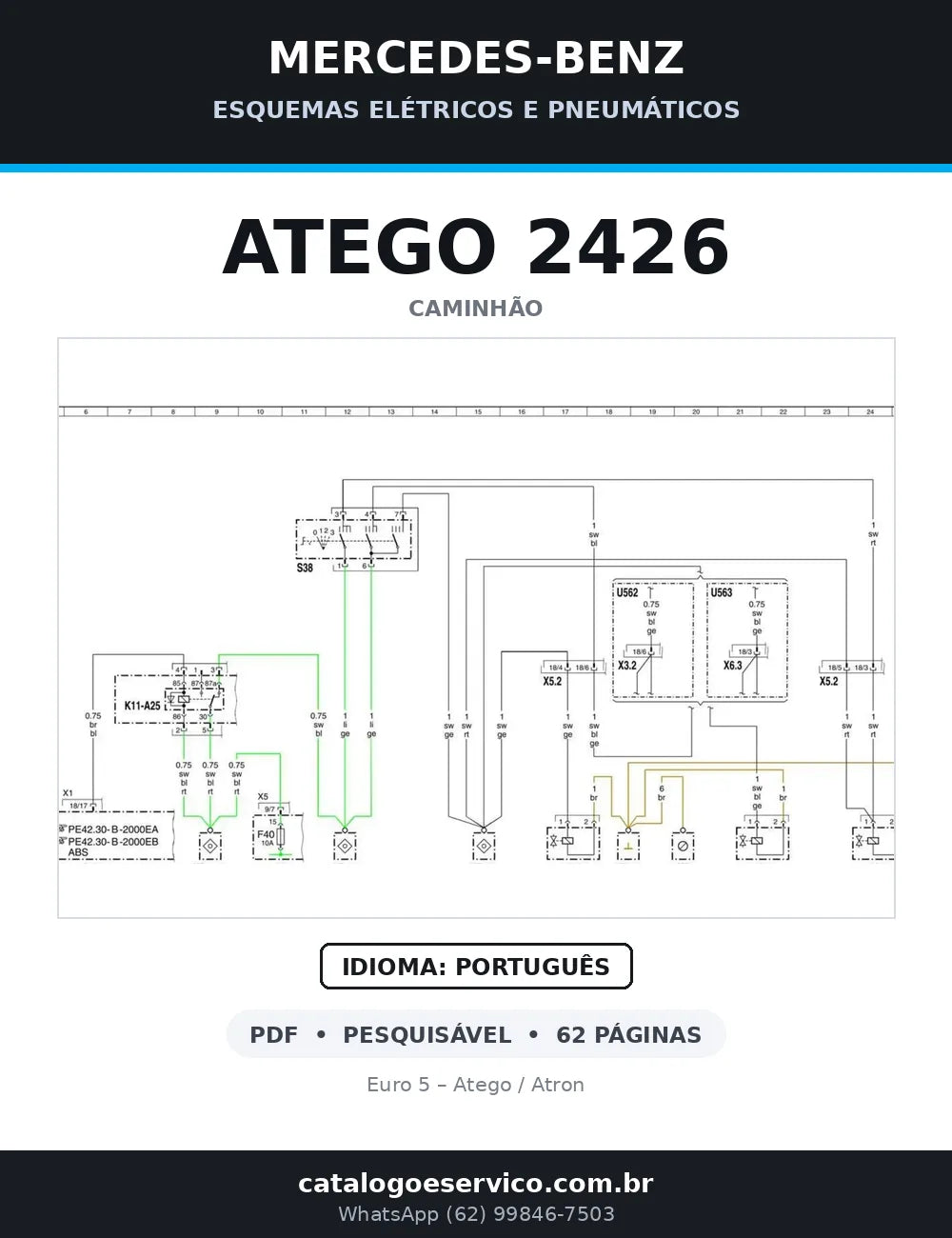 Capa do esquema elétrico do Mercedes-Benz Atego 2426 em PDF com 62 páginas