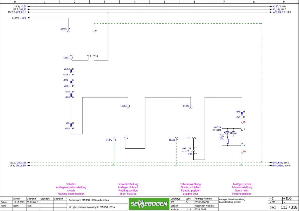 Esquema Elétrico Sennebogen 835 E+ (máquina 835.0.2488) — amostra 1 de página interna do documento