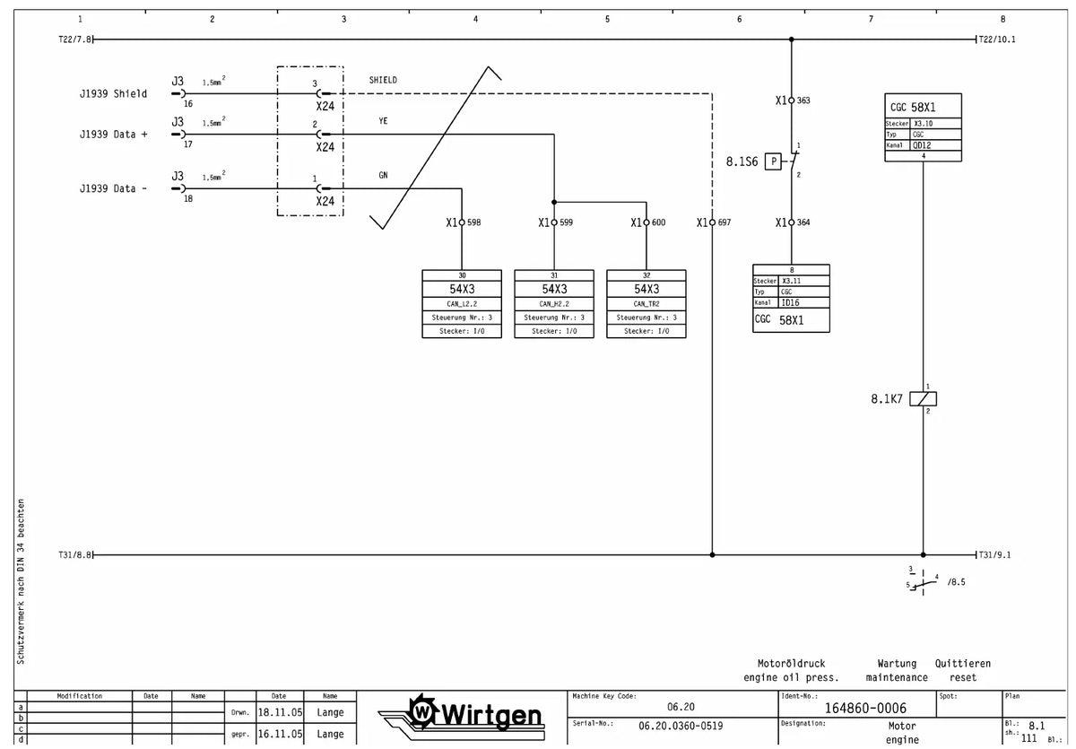 Esquema Elétrico Wirtgen W 2000 (série 06.20, nº 0360 a 0519) — amostra 1 de página interna do documento