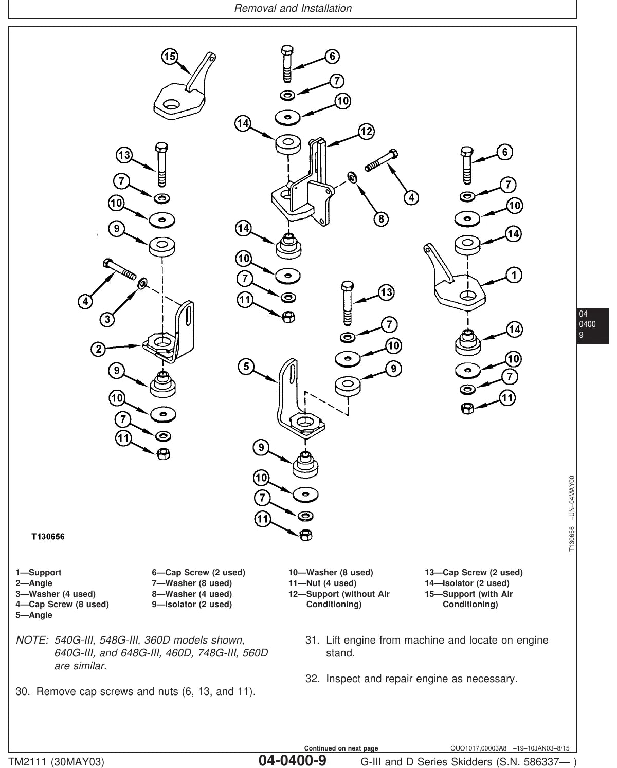 Manual de Serviço John Deere G-III AND D SERIES SKIDDERS — tabela/esquema técnico (página interna do PDF)