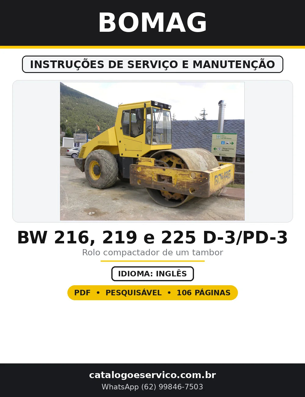 Capa do Instruções de Serviço e Manutenção BOMAG BW 216, 219 e 225 D-3/PD-3 em PDF com 106 páginas