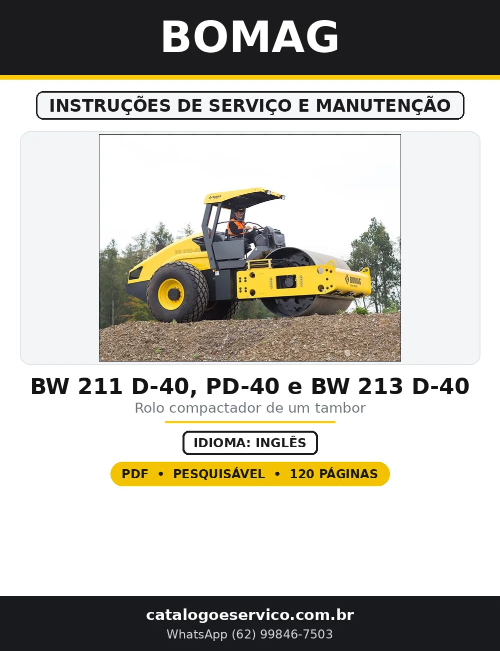 Capa do Instruções de Serviço e Manutenção BOMAG BW 211 D-40, PD-40 e BW 213 D-40 em PDF com 120 páginas