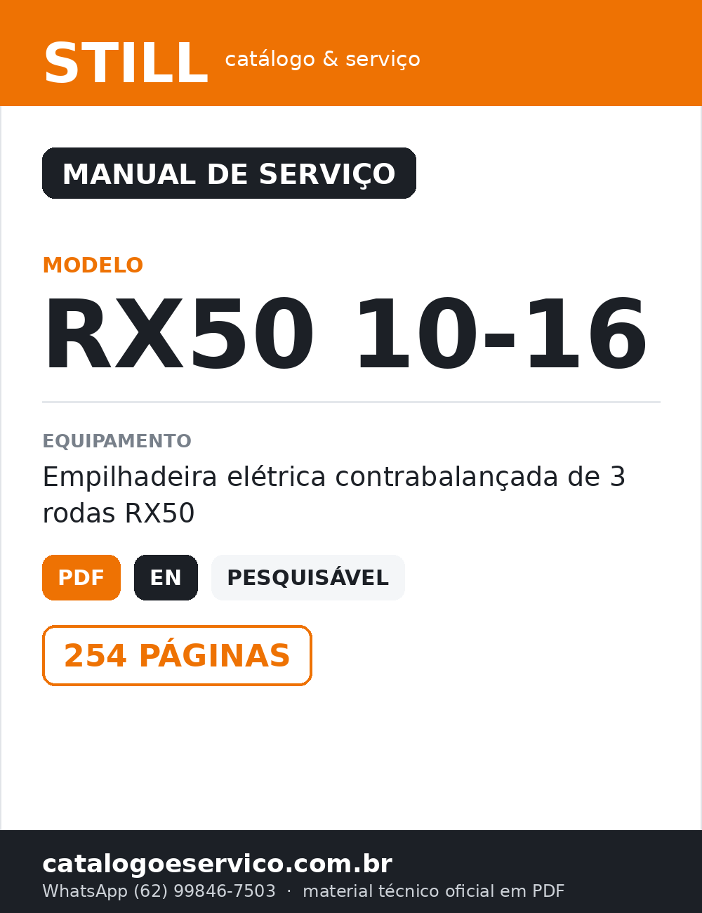 MANUAL DE SERVIÇOS DE OFICINA PDF EMPILHADEIRAS RX50-10 RX50-13 RX50-15 RX50-16 - STILL — capa