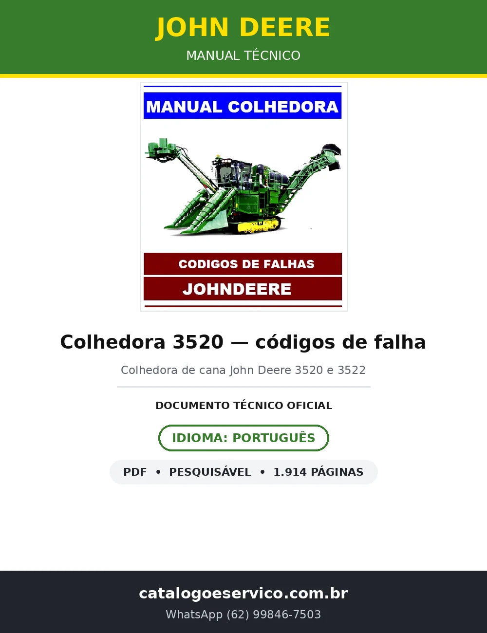 Manual Técnico John Deere Colhedora 3520 — códigos de falha — 1.914 págs. — capa