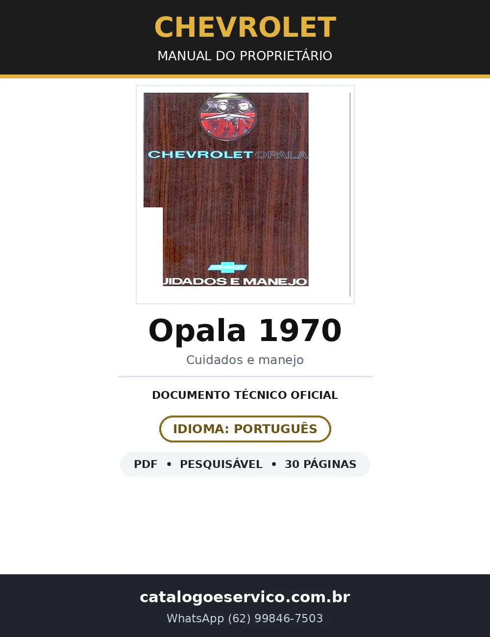 Manual do Proprietário Chevrolet Opala 1970 — Cuidados e Manejo (30 págs.) — capa