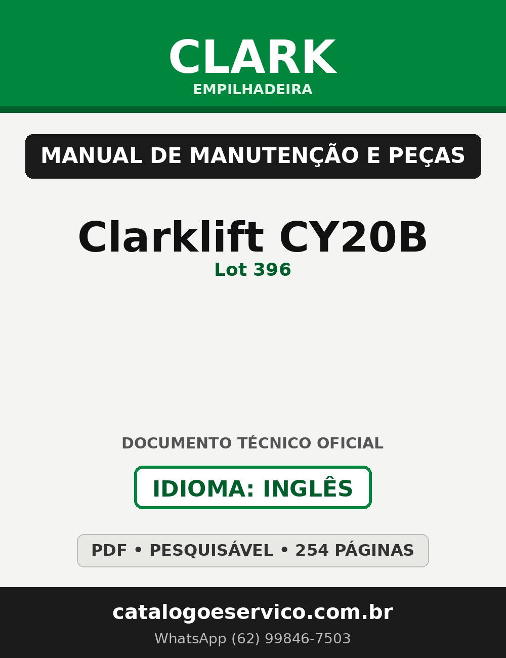 Manual de Manutenção e Peças Empilhadeira Clark Clarklift CY20B (Lot 396)