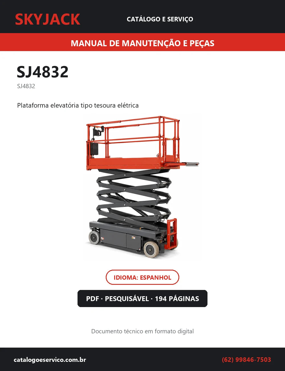 Capa do Manual de Manutenção e Peças Skyjack SJ4832 — plataforma elevatória tipo tesoura elétrica, 194 páginas em PDF