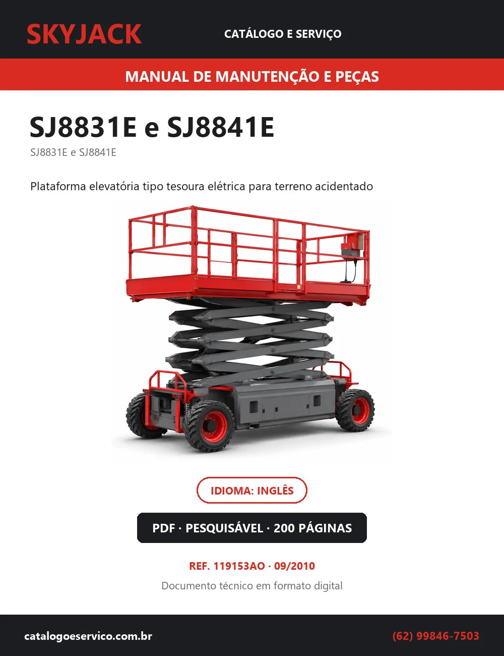 Capa do Manual de Manutenção e Peças Skyjack SJ8831E e SJ8841E — plataforma elevatória tipo tesoura elétrica para terreno acidentado, 200 páginas em PDF