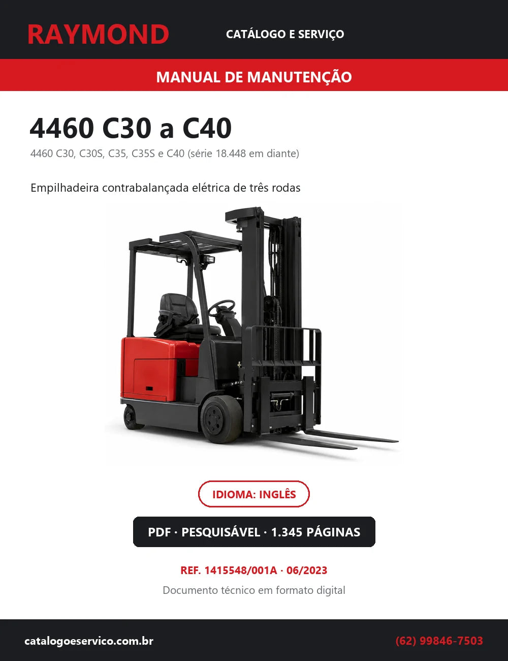 Capa do Manual de Manutenção Raymond 4460 C30 a C40 — empilhadeira contrabalançada elétrica de três rodas, 1345 páginas em PDF