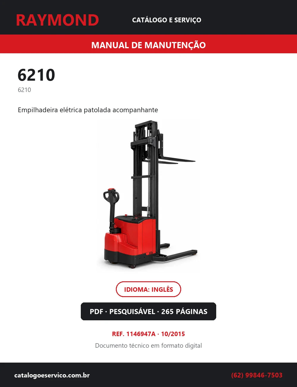 Capa do Manual de Manutenção Raymond 6210 — empilhadeira elétrica patolada acompanhante, 265 páginas em PDF