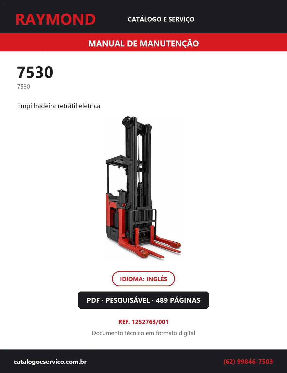 Capa do Manual de Manutenção Raymond 7530 — empilhadeira retrátil elétrica, 489 páginas em PDF