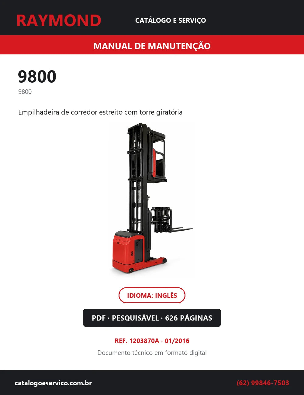 Capa do Manual de Manutenção Raymond 9800 — empilhadeira de corredor estreito com torre giratória, 626 páginas em PDF