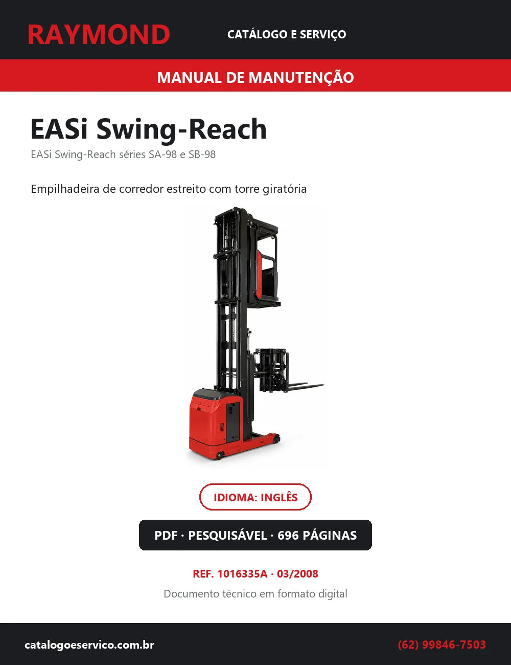 Capa do Manual de Manutenção Raymond EASi Swing-Reach — empilhadeira de corredor estreito com torre giratória, 696 páginas em PDF