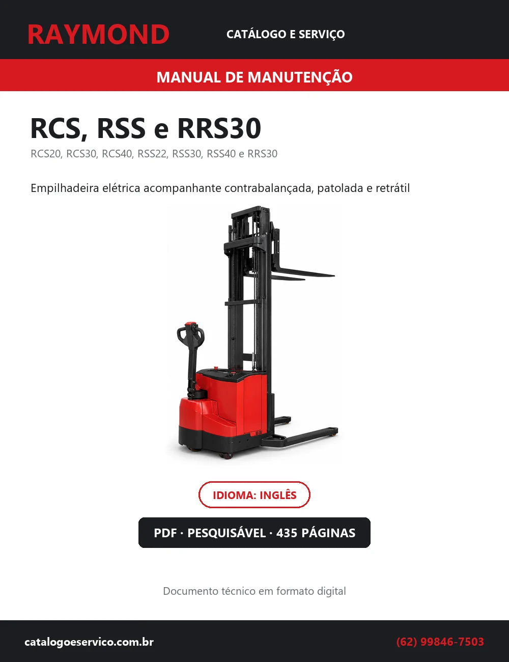 Capa do Manual de Manutenção Raymond RCS, RSS e RRS30 — empilhadeira elétrica acompanhante contrabalançada, patolada e retrátil, 435 páginas em PDF