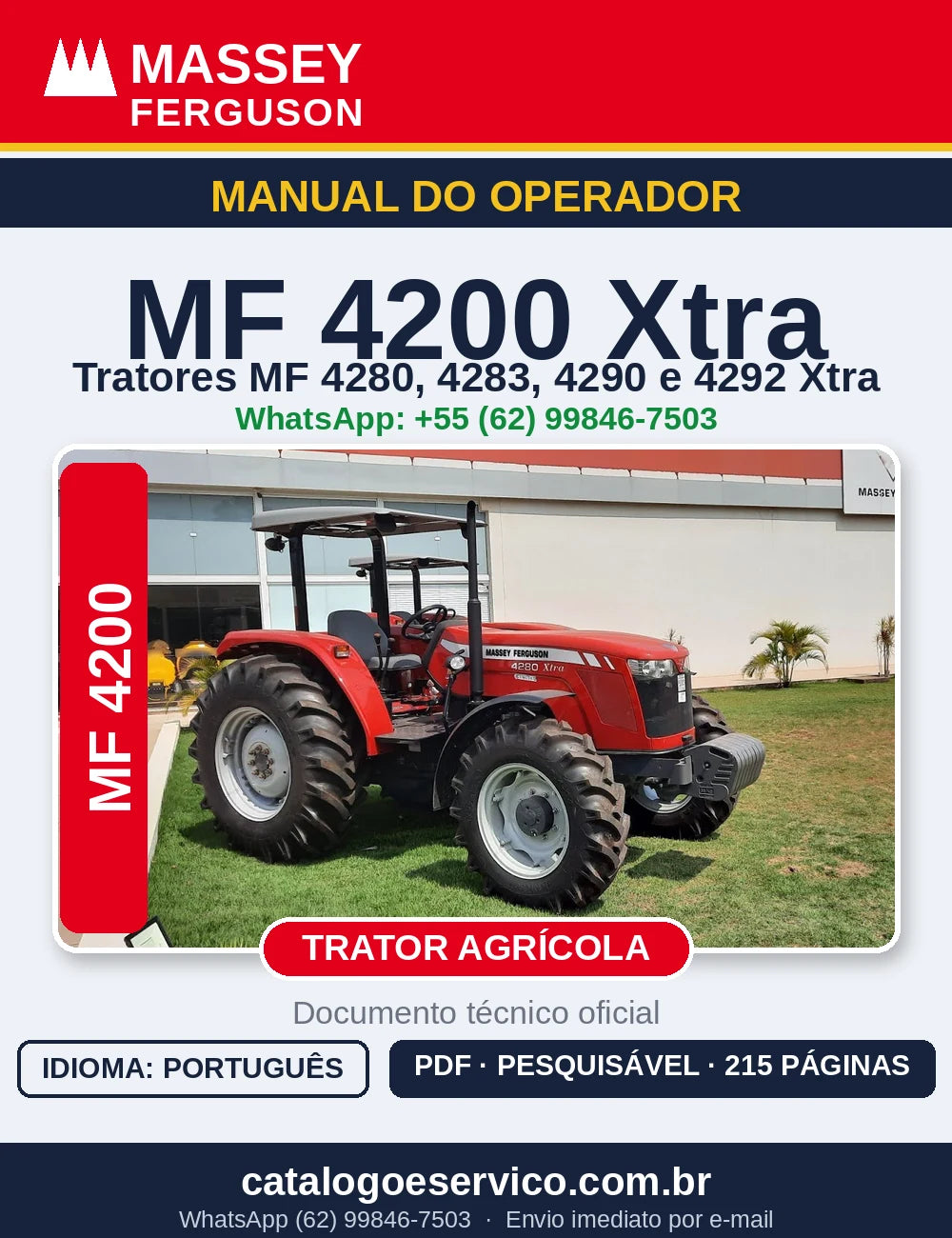 Manual do Operador Massey Ferguson MF4280 / 4283 / 4290 / 4292 Xtra — 215 págs PDF