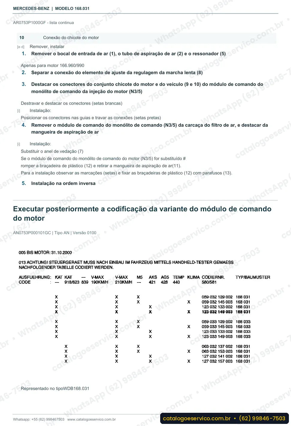 Página de procedimento do manual de oficina Mercedes-Benz A 140 (W168)