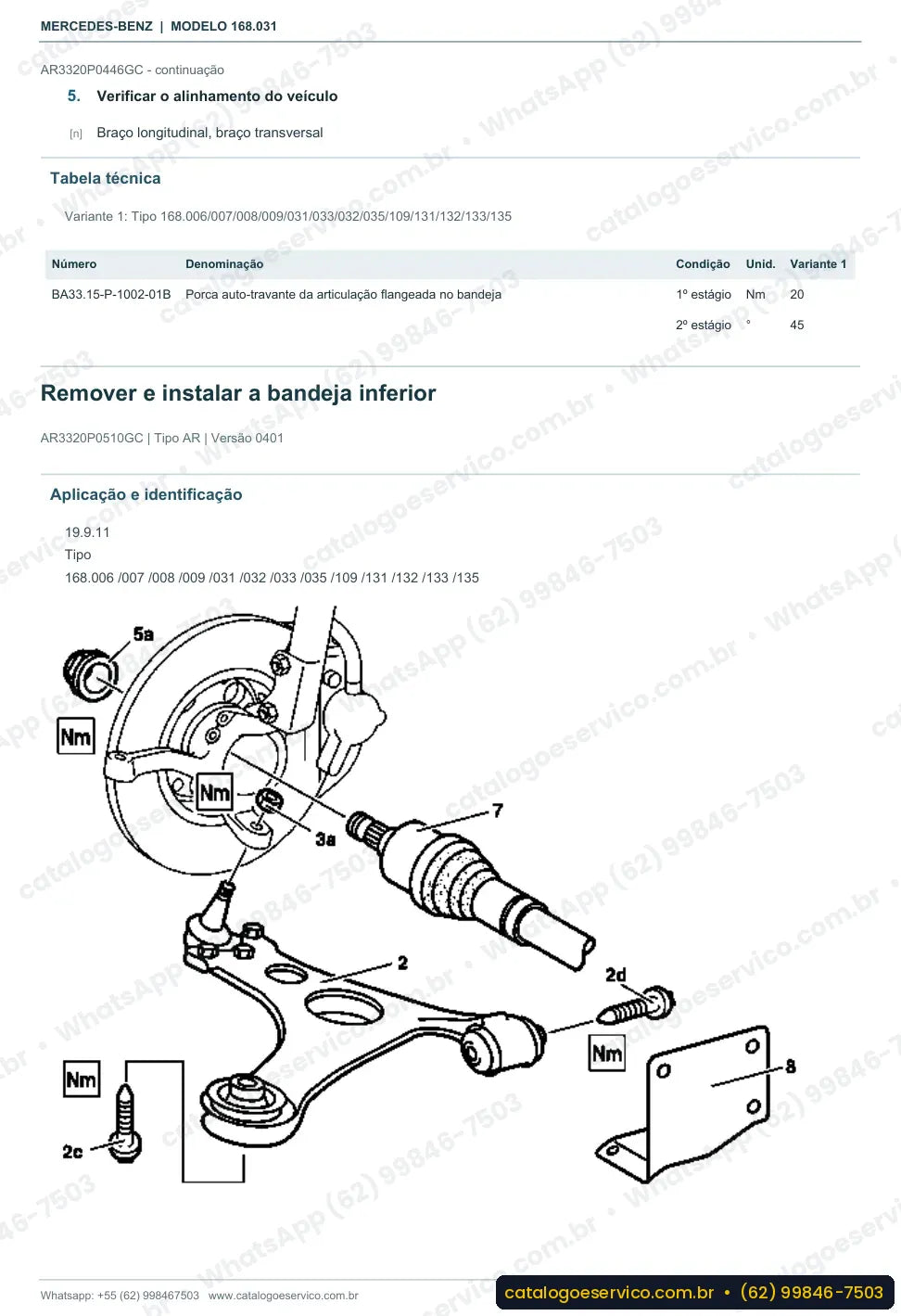 Página de procedimento do manual de oficina Mercedes-Benz A 140 (W168)