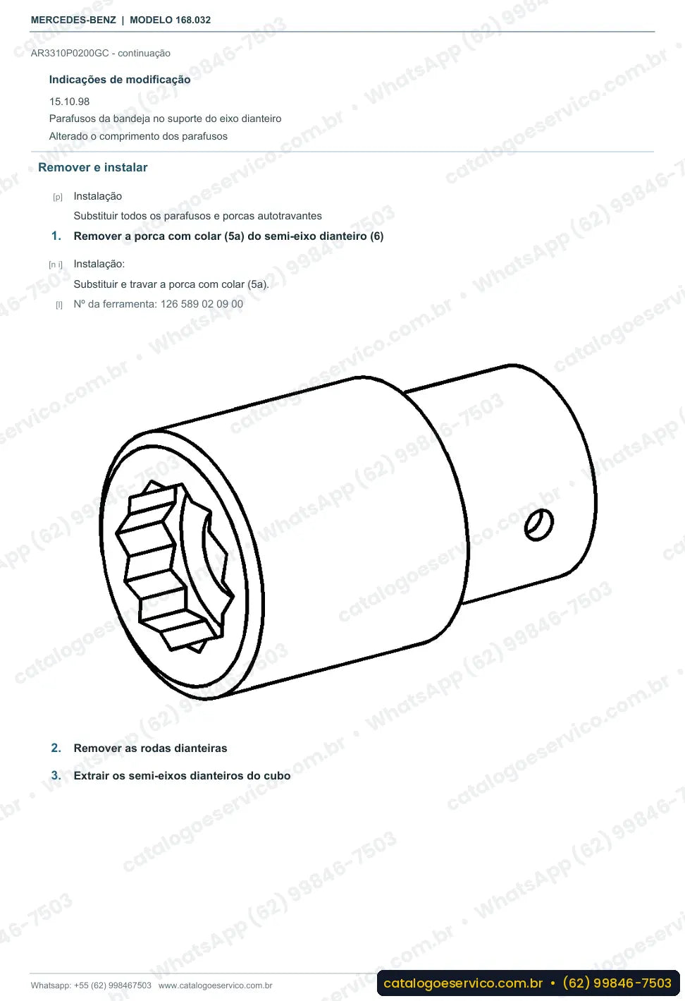 Página de procedimento do manual de oficina Mercedes-Benz A 190 (W168)