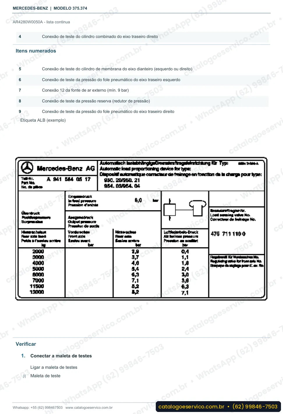 Página de procedimento do manual de oficina Mercedes-Benz Axor 2629 B