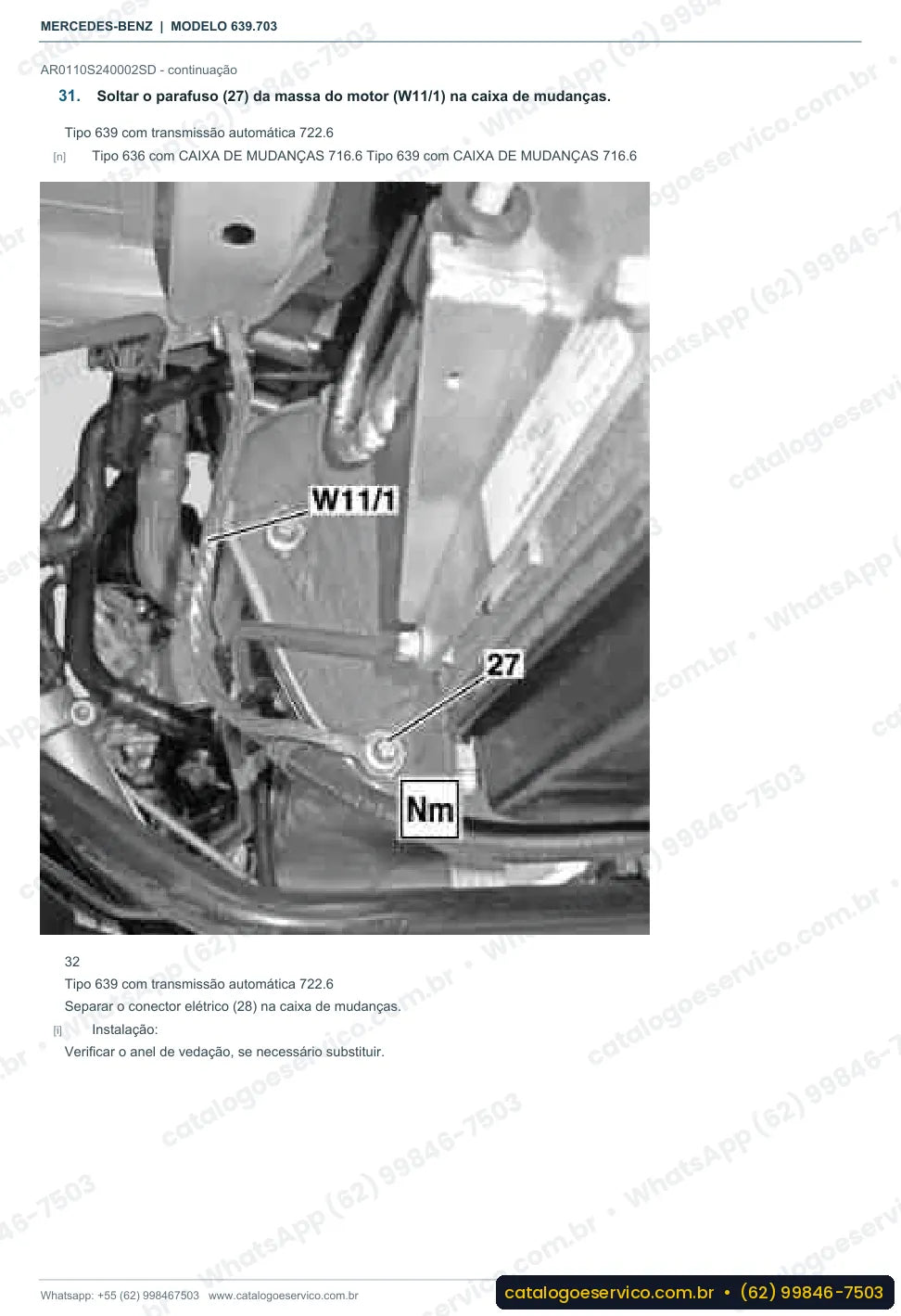 Página de procedimento do manual de oficina Mercedes-Benz Vito 111 CDI