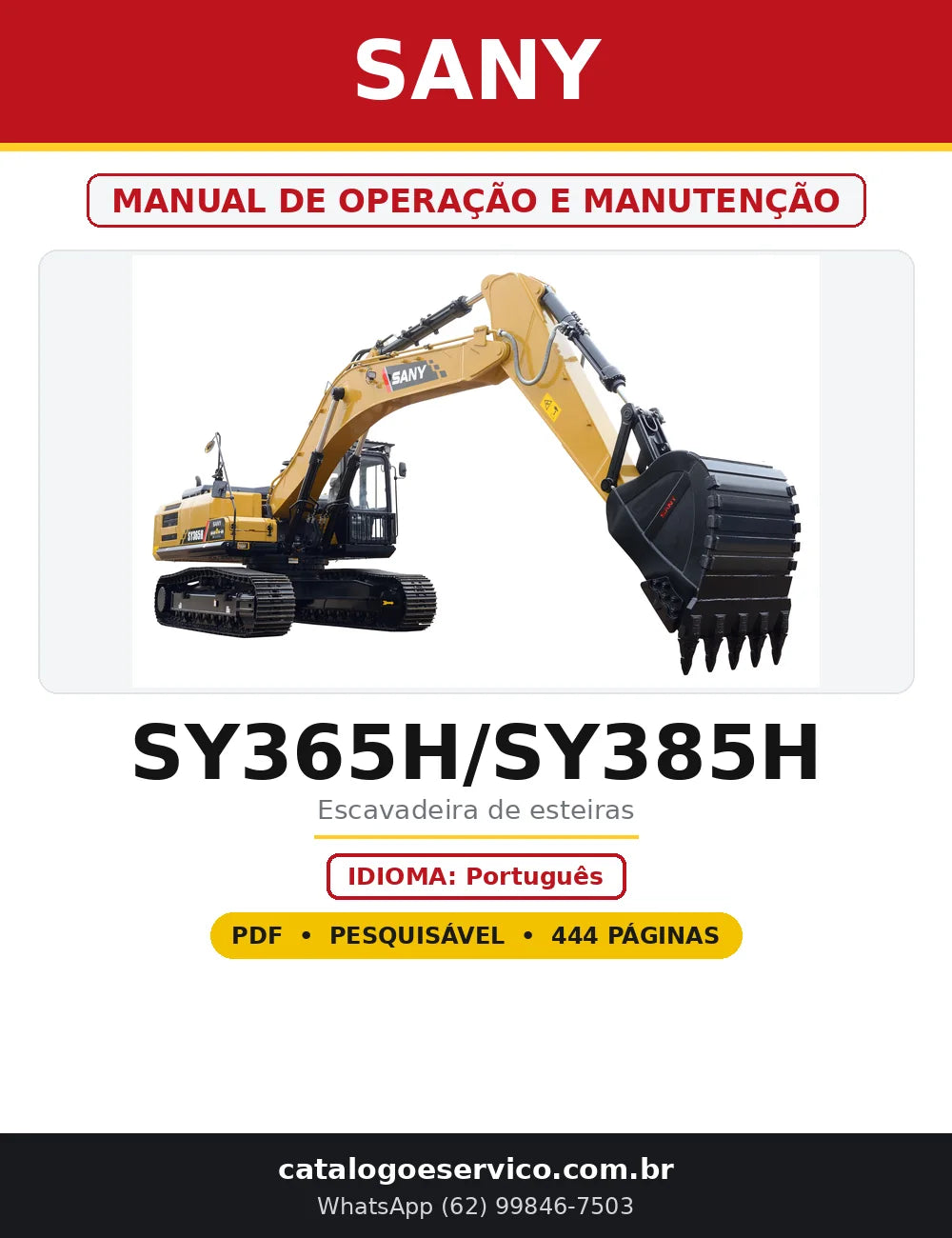 Capa do Manual de Operação e Manutenção Sany SY365H/SY385H em PDF com 444 páginas
