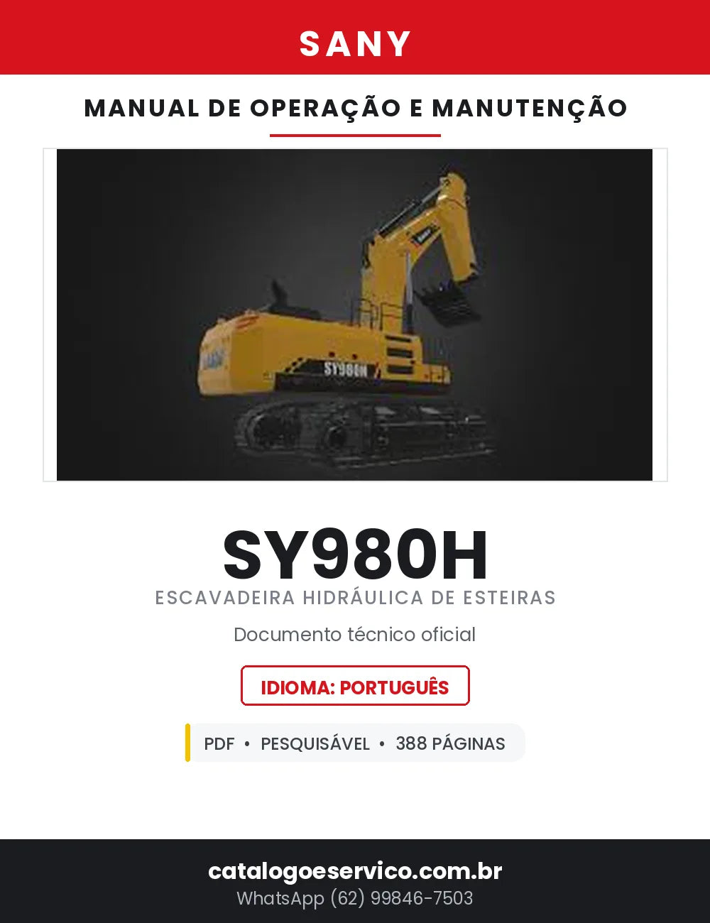 Manual de Operação e Manutenção SANY SY980H Escavadeira Hidráulica de Esteiras — 388 Páginas em PDF — capa